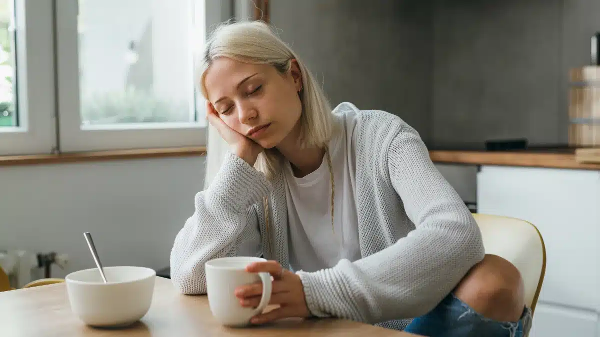 Junge Frau mit Schläfrigkeit am Frühstückstisch – Symptom neurologischer Schlafstörungen wie Hypersomnie