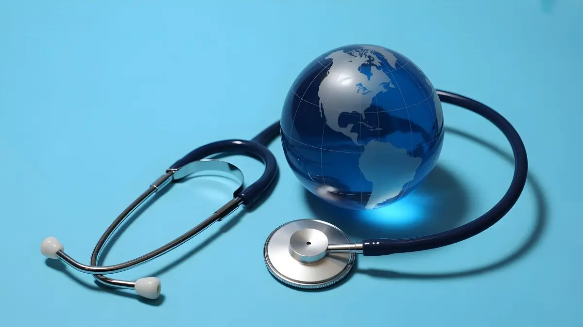 Blauer Globus mit Stethoskop auf hellblauem Hintergrund als Symbol fuer eine geforderte Nachhaltigkeitsstrategie im Gesundheitswesen