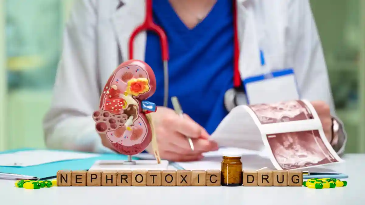 Auf Holzblöcken ist das Wort nephrotoxic drug zu lesen, darum herum liegen verschiedene Pillen und es steht eine Dose mit Tabletten zwischen den beiden Worten. Gleich dahinter steht ein 3D-Modell einer Niere. Dies alles befindet sich auf einem Tisch an dem eine Ärztin sitz und sich Ultraschallbilder ansieht.