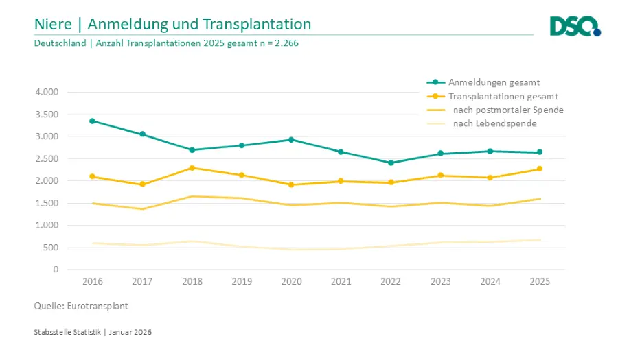 Anmeldungen und reale Nierentransplantationen im Zeitraum von 2016 bis 2025 in Deutschland. Die Lücke bleibt. © DSO