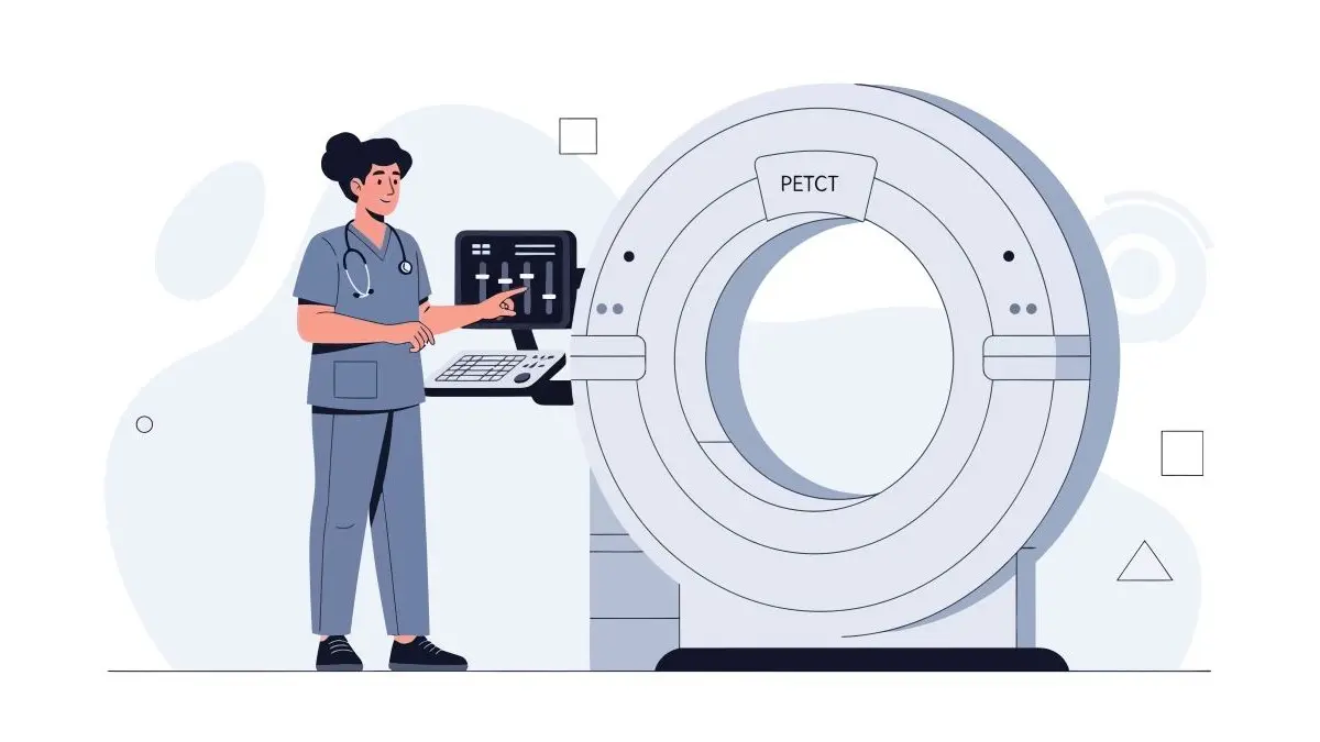 Aerztliche Fachkraft bedient eine grosse PETCT Anlage als Symbol dafuer, dass PSMA PET nach US Daten signifikant haeufiger zu ARPI Therapien fuehrt