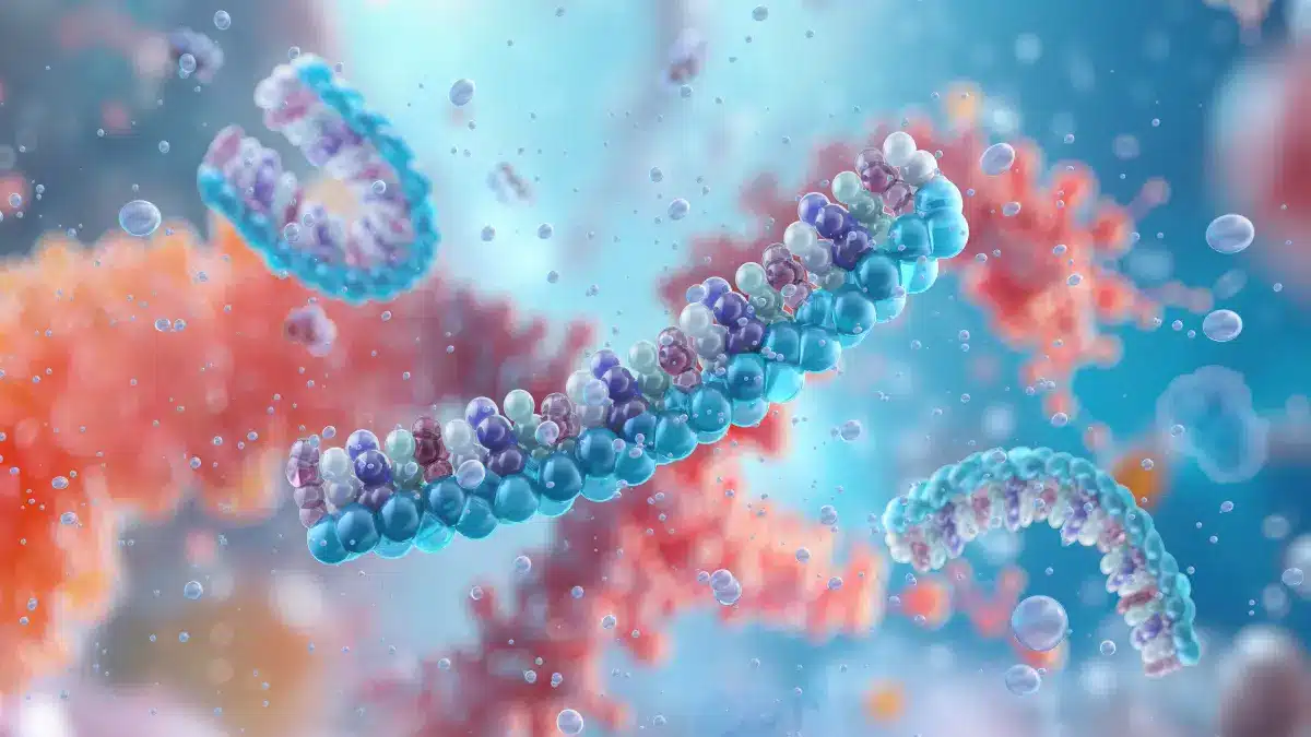 3D-Darstellung von RNA-Molekülen als Symbol für den RNAi-Wirkmechanismus von Vutrisiran bei der Behandlung der kardialen Transthyretin-Amyloidose