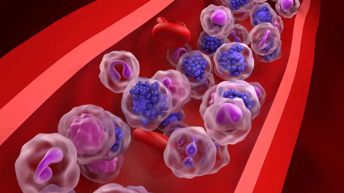 3D-Illustration von Blutzellen in einem Gefaess als Symbolbild fuer rezidiviertes refraktaeres B-Zell-Lymphom und CAR-T-Zelltherapie