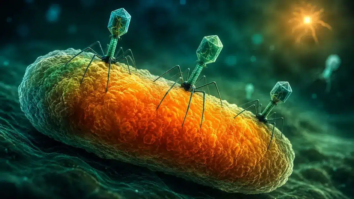 3D Darstellung von mehreren Bakteriophagen, die ein Bakterium angreifen, als Symbol fuer Viren gegen Bakterien und die von der EU gefoerderte Phagentherapie