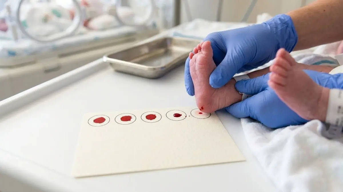 Neugeborenes erhaelt Fersenblutentnahme fuer Neugeborenen Screening auf MLD, Blutstropfen werden auf Testkarte aufgebracht
