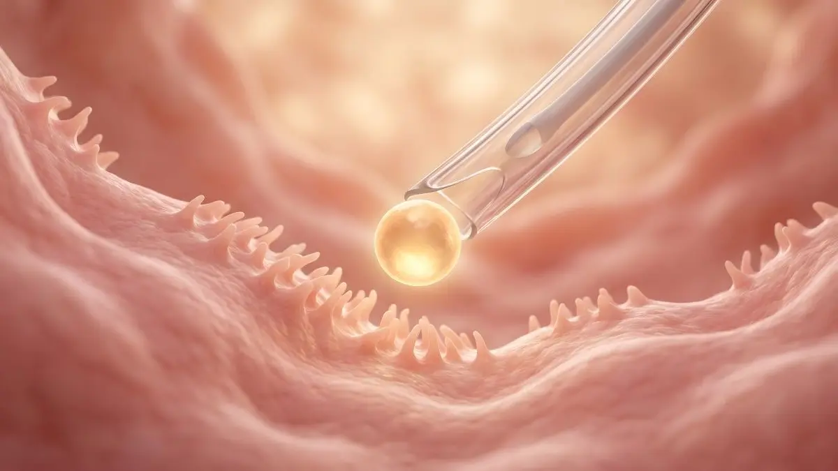 Embryo in Katheter kurz vor dem Einsetzen in die Gebaermutterschleimhaut als Symbol fuer Vorbereitungstechniken beim Embryotransfer