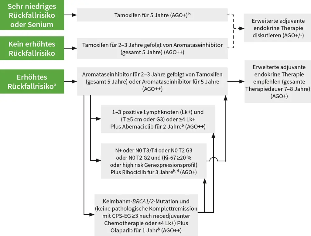 Flussdiagramm zur adjuvanten endokrinen Therapie bei postmenopausalen Patientinnen mit Hormonrezeptor-positivem Mammakarzinom je nach Rueckfallrisiko