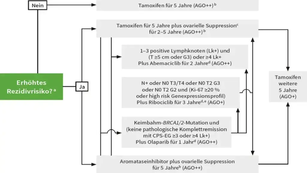 Flussdiagramm zur adjuvanten endokrinen Therapie bei praemenopausalen Patientinnen mit Hormonrezeptor-positivem Mammakarzinom und erhoehtem Rezidivrisiko