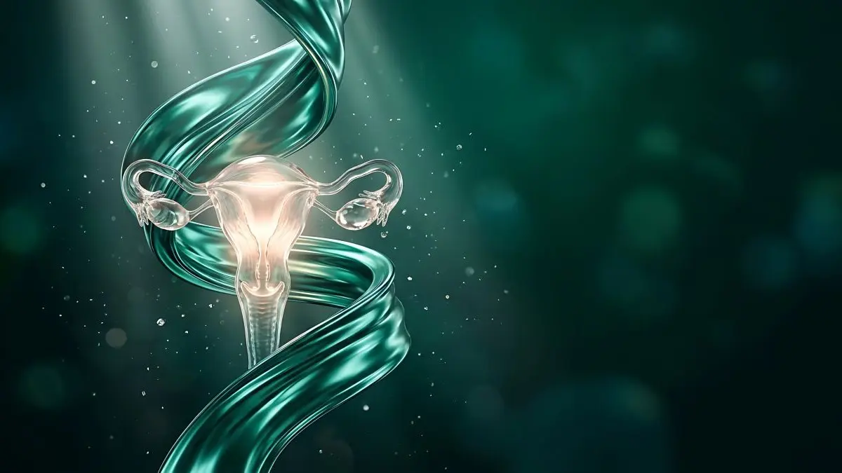 Leuchtendes 3D-Modell von Uterus und Ovarien, umgeben von einem schimmernden Band vor dunklem Hintergrund