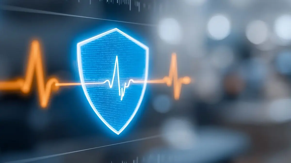 Digitales blaues Schutzschild mit EKG Linie als Symbol fuer GeDIG und die vom Hartmannbund kritisierte geplante Patientensteuerung