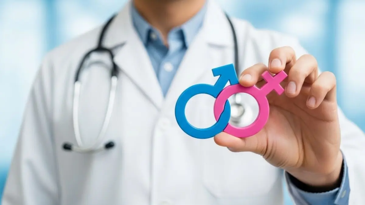 Arzt im Kittel haelt ueberlagerte maennliche und weibliche Gendersymbole als Symbol fuer geschlechtsspezifische Unterschiede bei der Therapie des Harnblasenkarzinoms