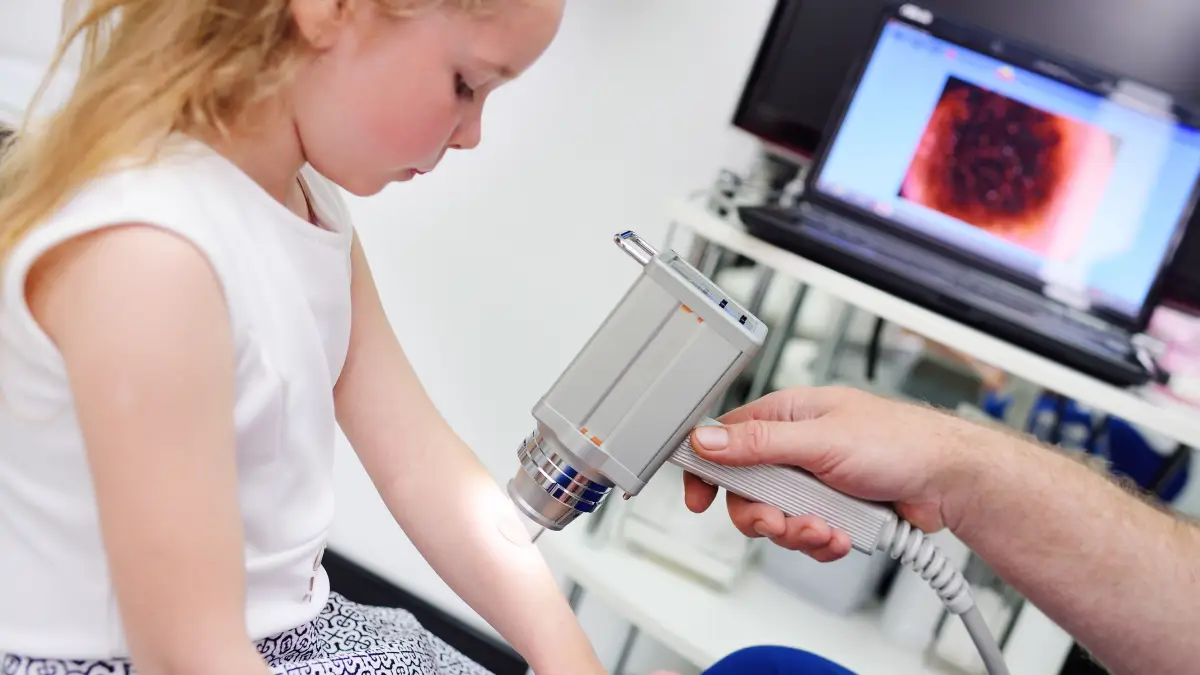 Der Unterarm eines kleinen Mädchen wird dermatoskopisch untersucht