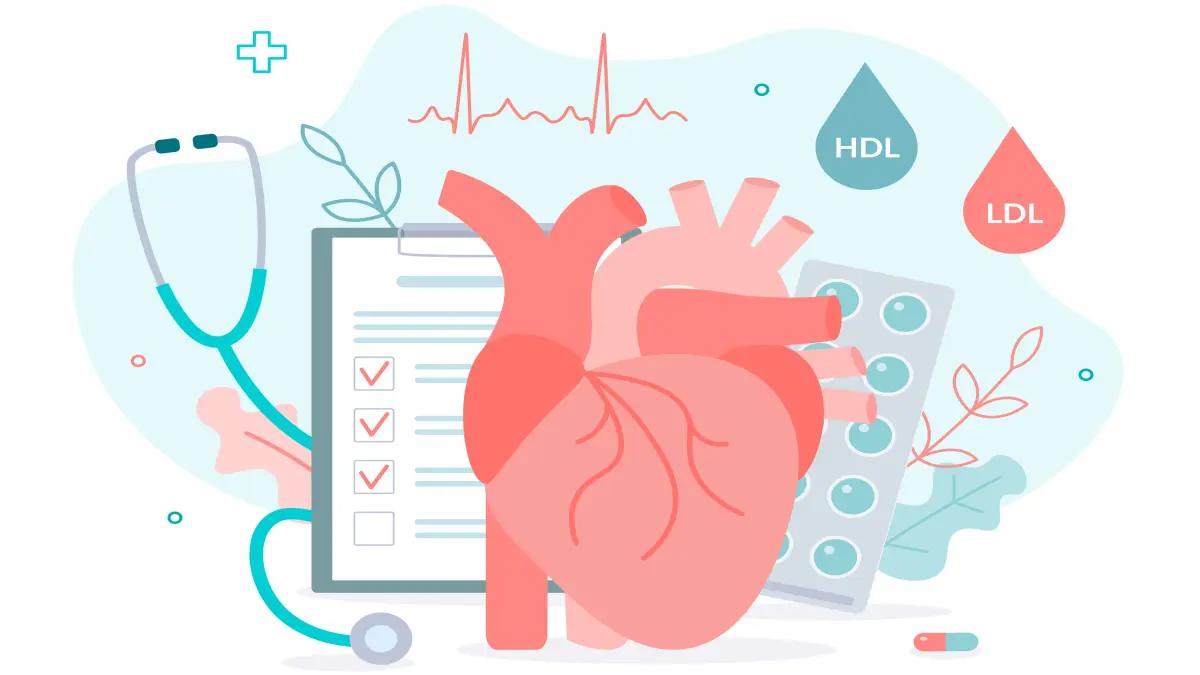 Illustration mit Herz-Anatomie, Stethoskop, Checkliste, Medikamenten sowie HDL- und LDL-Blutwert-Symbolen zur kardiovaskulären Prävention