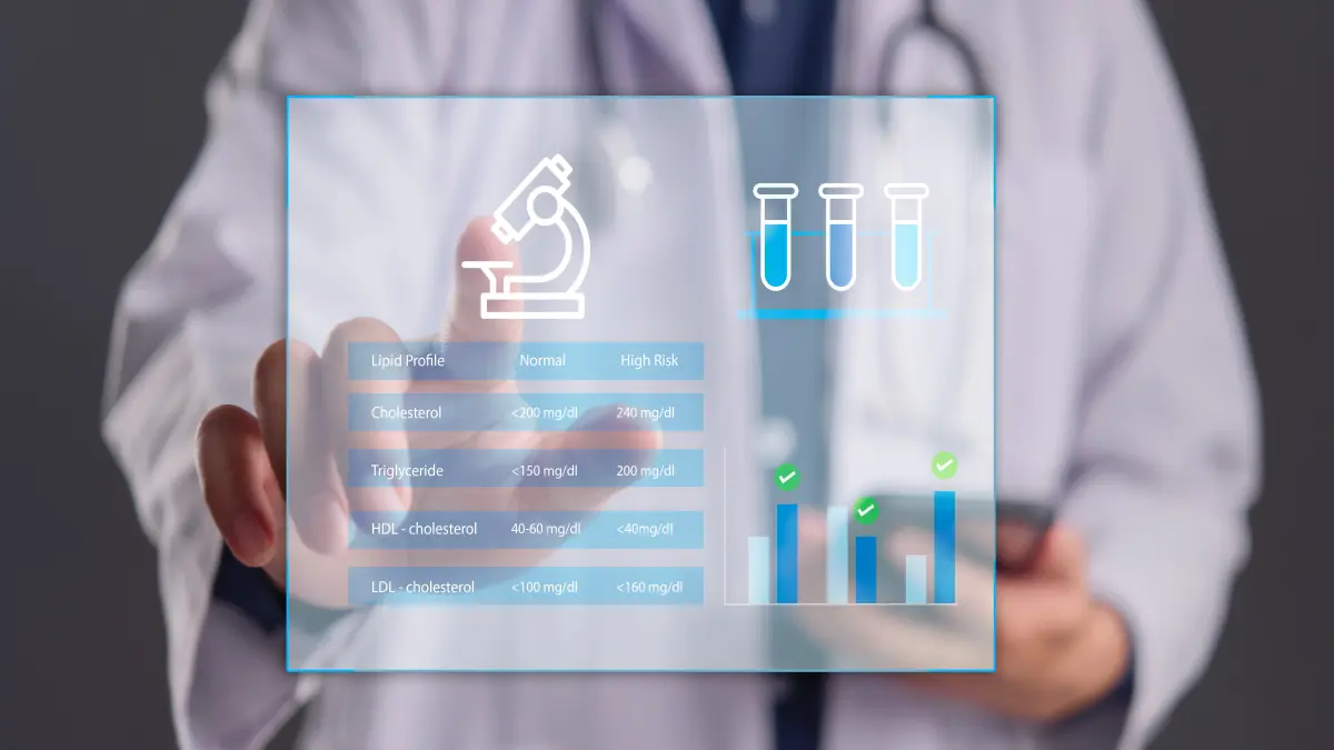 Arzt hält digitales Display mit Lipidprofil-Tabelle – Cholesterin, Triglyceride, HDL und LDL im Überblick als Illustration zur Lipidforschung und Biomarker-Diagnostik