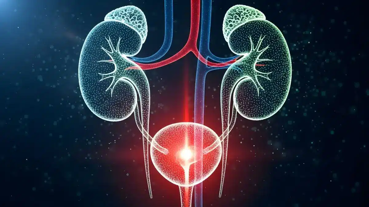 Grafische Darstellung von Nieren und Harnblase, in der die Blase rot aufleuchtet, als Symbol fuer neue Therapie bei wiederkehrenden Harnwegsinfektionen