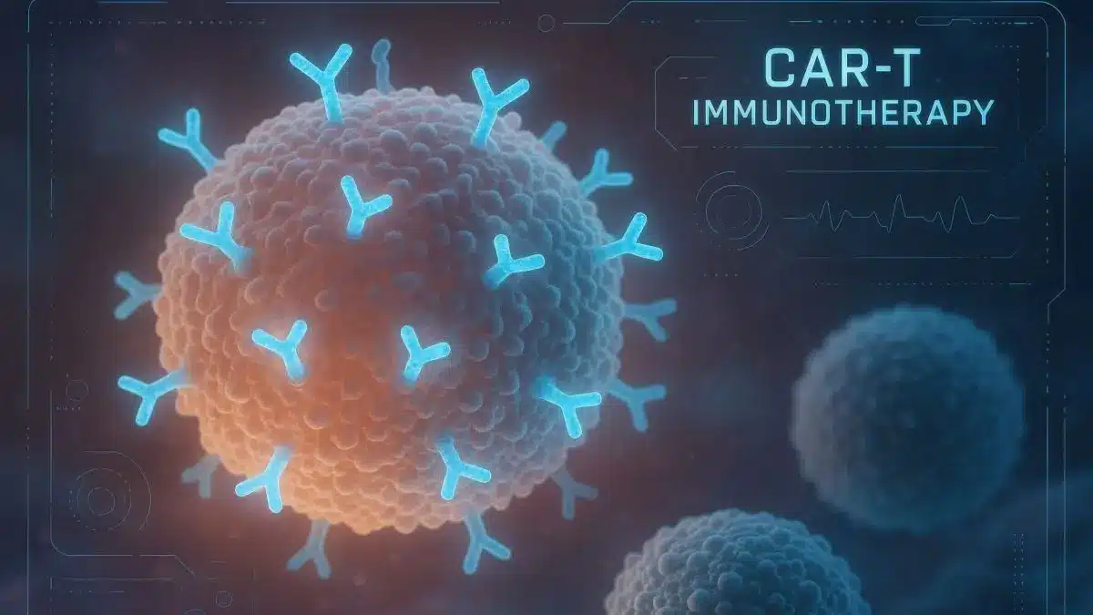 3D Darstellung einer Immunzelle mit CAR T Rezeptoren als Symbol fuer Schwangerschaft bei Autoimmunerkrankungen nach CAR T Zelltherapie