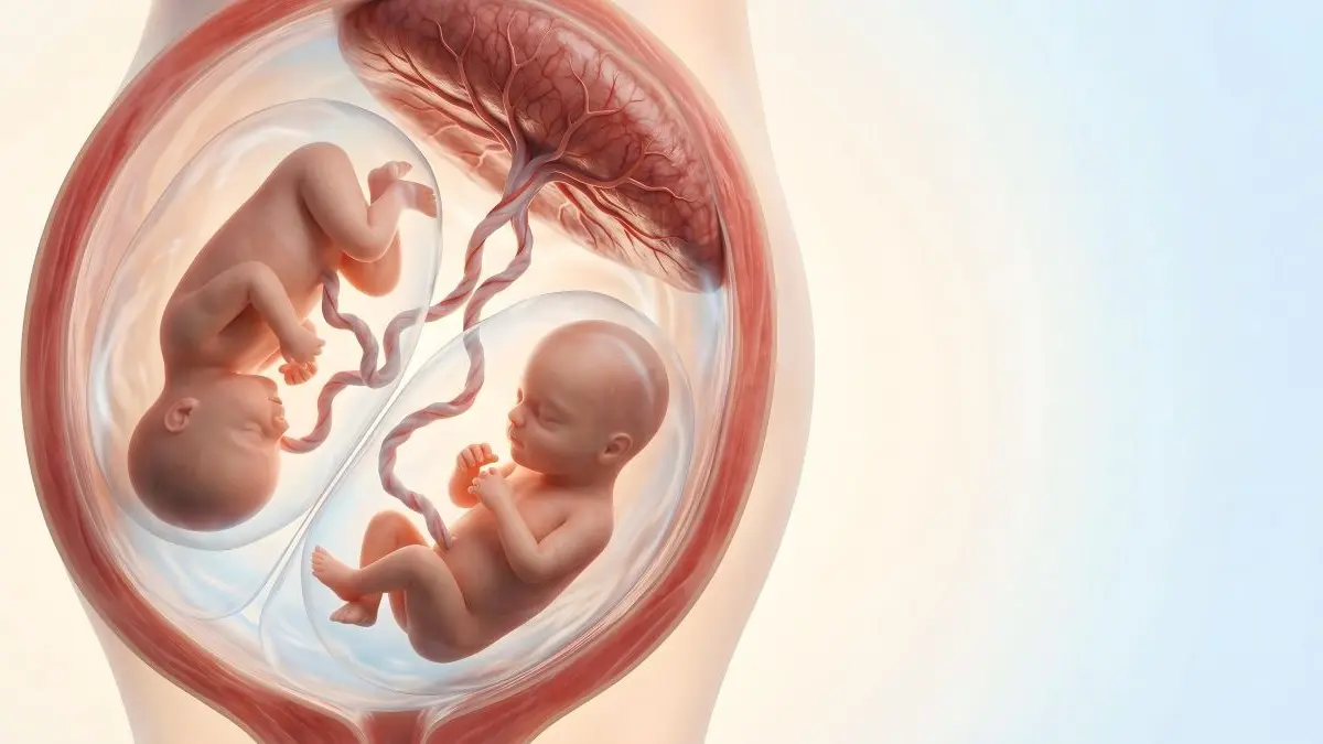 3D Schnittbild von Zwillingen in der Gebaermutter mit gemeinsamer Plazenta als Symbol fuer sichere Therapie des fetofetalen Transfusionssyndroms