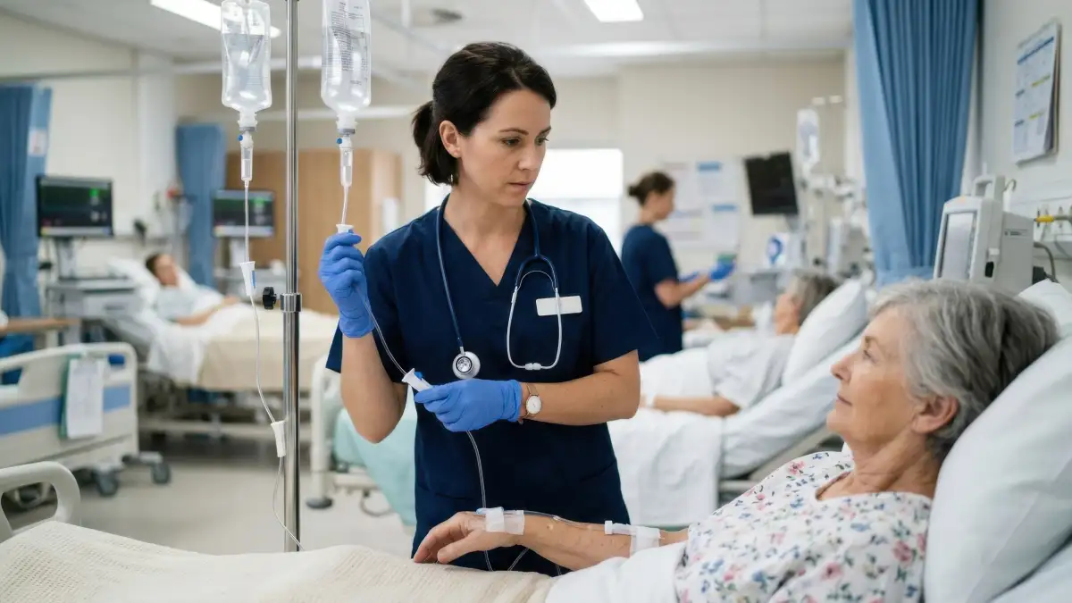 Mehrere Patienten liegen in Krankenhausbetten in einem Saal, im Vordergrund prüft eine Krankenschwester eine Infusion.
