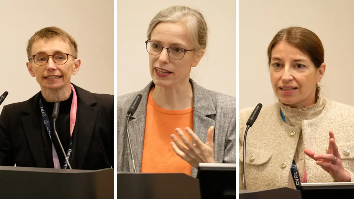 Die Tagungspräsidentinnen PD Dr. Anja Schade, Prof. Dr. Renate Schnabel und Prof. Dr. Tanja Katharina Rudolph bei der Pressekonferenz der DGK Herztage 2026.