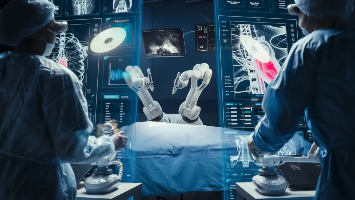 Ärztliches Team steuert robotische Assistenzsysteme bei einem gefäßmedizinischen Eingriff.
