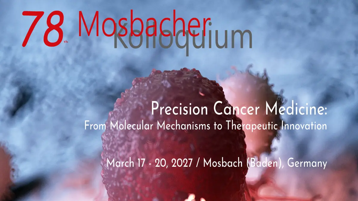 Tagungsposter mit mikroskopischer Darstellung von Tumorzellen und Text zum 78. Mosbacher Kolloquium Precision Cancer Medicine From Molecular Mechanisms to Therapeutic Innovation in Mosbach