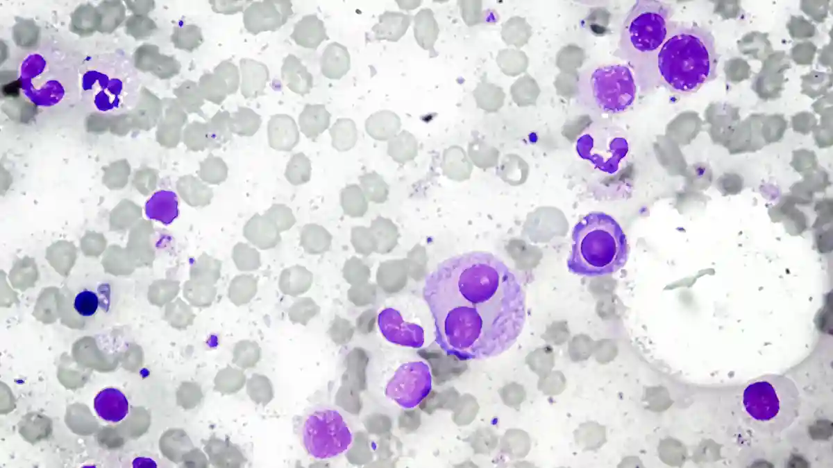 Knochenmarkuntersuchung mit mikroskopischem Bild eines schwelenden oder frühen multiplen Myeloms.