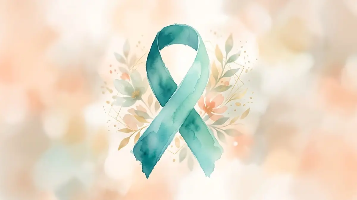 Tuerkis-weisse Awareness-Schleife vor floraler Aquarellillustration als Symbol fuer Zervixkarzinom und Versorgung