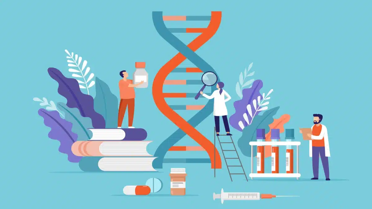 Illustration von Forschenden in einem Wissenschaftslabor, die DANN untersuchen.