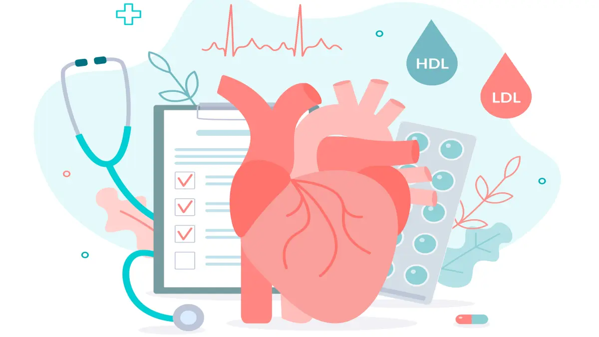 Illustration eines Herzens mit Stethoskop, Checkliste und Tabletten sowie LDL- und HDL-Tropfen