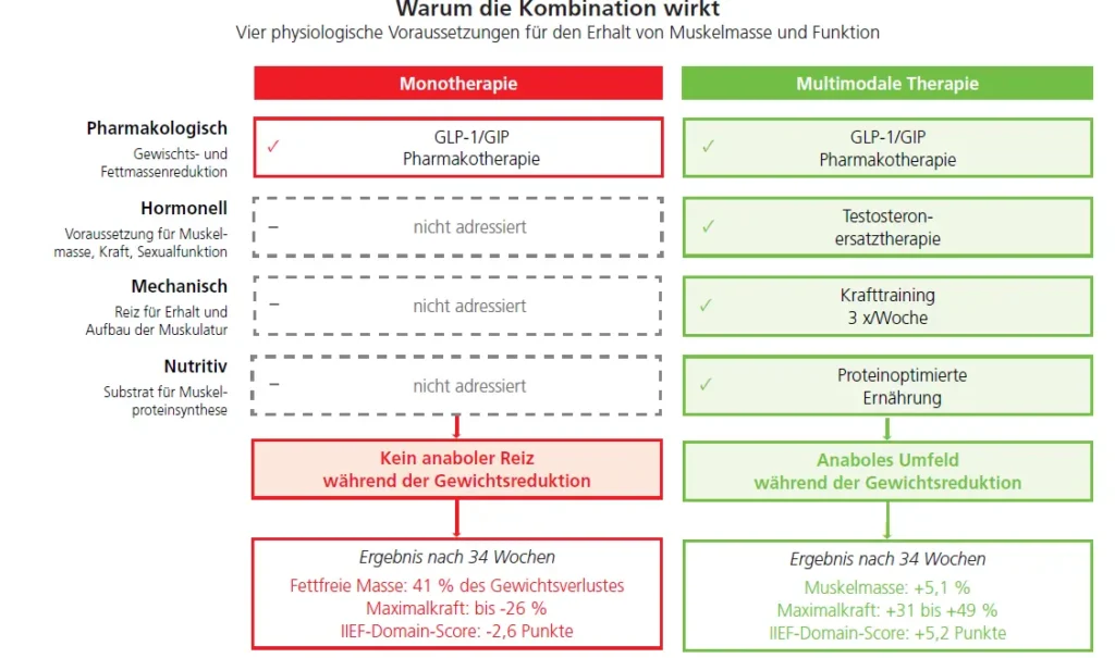 Abb. 3: Warum die Kombination wirkt. Erhalt und Aufbau von Muskelmasse setzen einen pharmakologischen, einen hormonellen, einen mechanischen und einen nutritiven Faktor voraus. Die Monotherapie adressiert allein die pharmakologische Komponente, während die multimodale Therapie alle vier Voraussetzungen abdeckt und so ein anaboles Umfeld während der Gewichtsreduktion schafft.