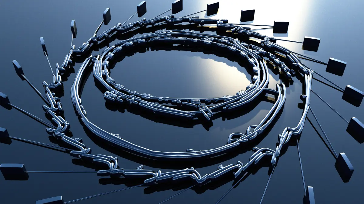 Abstrakte 3D-Darstellung von metallischen Ringen, die von schwarzen Würfeln mit dünnen Drähten umgeben sind, auf dunkelblauem Hintergrund
